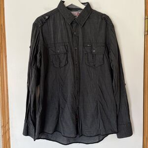 Sovereign Code Shirt Size XL Dark Gray Button Up Long Roll Tab Sleeves Western